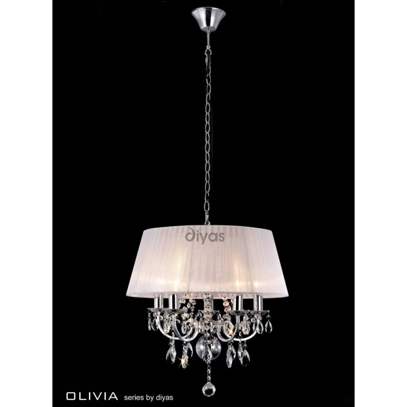 Il30046 Olivia 5 Ligth Polished Chrome And Crystal Chandelier With Inspired Diyas Olivia 5 Light Chrome With White Gauze Shade Chandelier Il30046