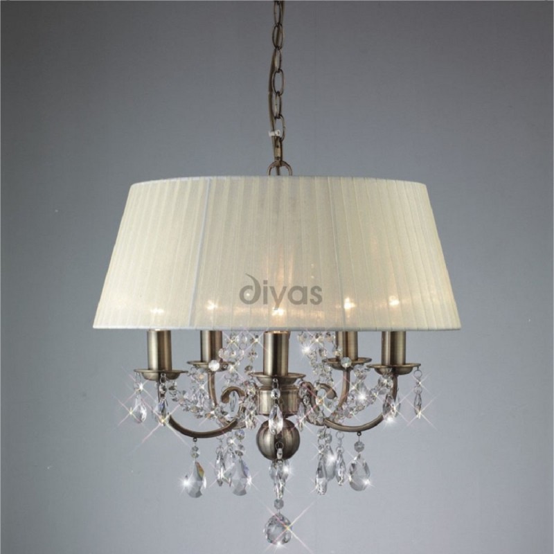 Il30048 Olivia 5 Light Antique Brass And Crystal Chandelier With Inspired Diyas Olivia 5 Light Antique Brass With Ivory Gauze Shade Chandelier