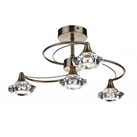 Dar Luther 4 Light Crystal Semi Flush Fitting Antique Brass