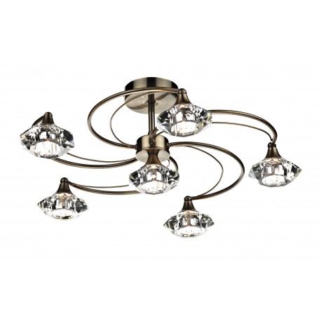 Dar Luther 6 Light Crystal Semi Flush Fitting Antique Brass